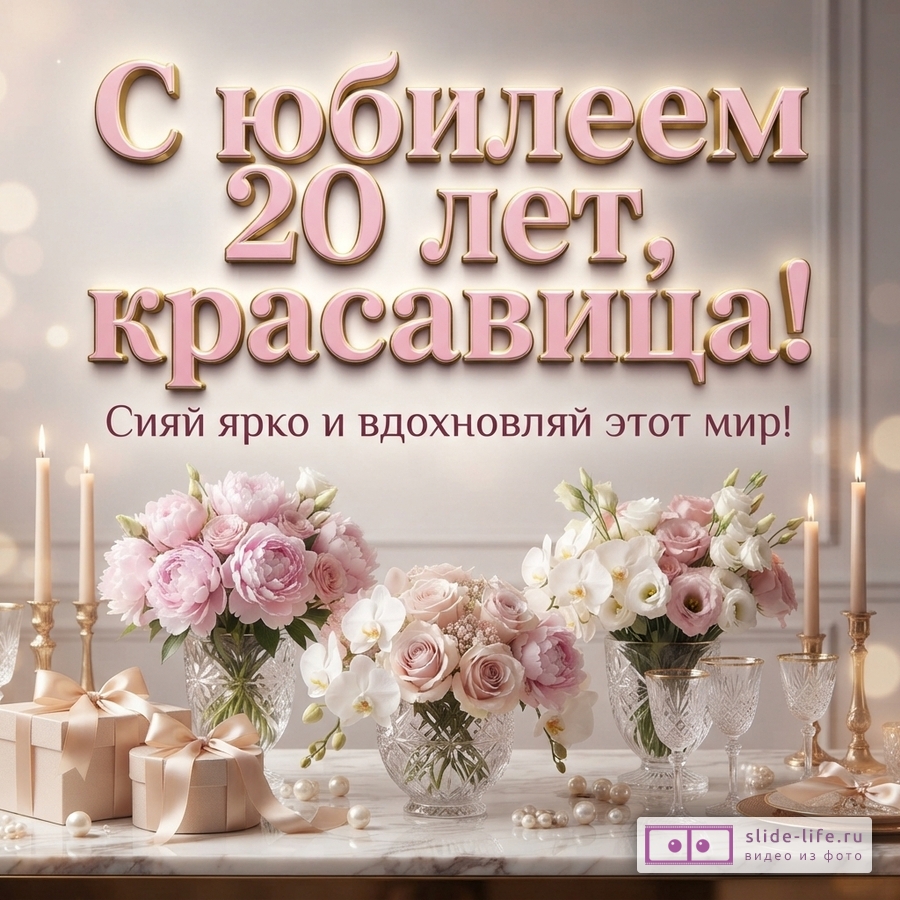 Хрустальные вазы с розовыми пионами и розами, зажженные свечи, подарочные коробки на светлом столе и надпись «С юбилеем 20 лет, красавица! Сияй ярко и вдохновляй этот мир!»