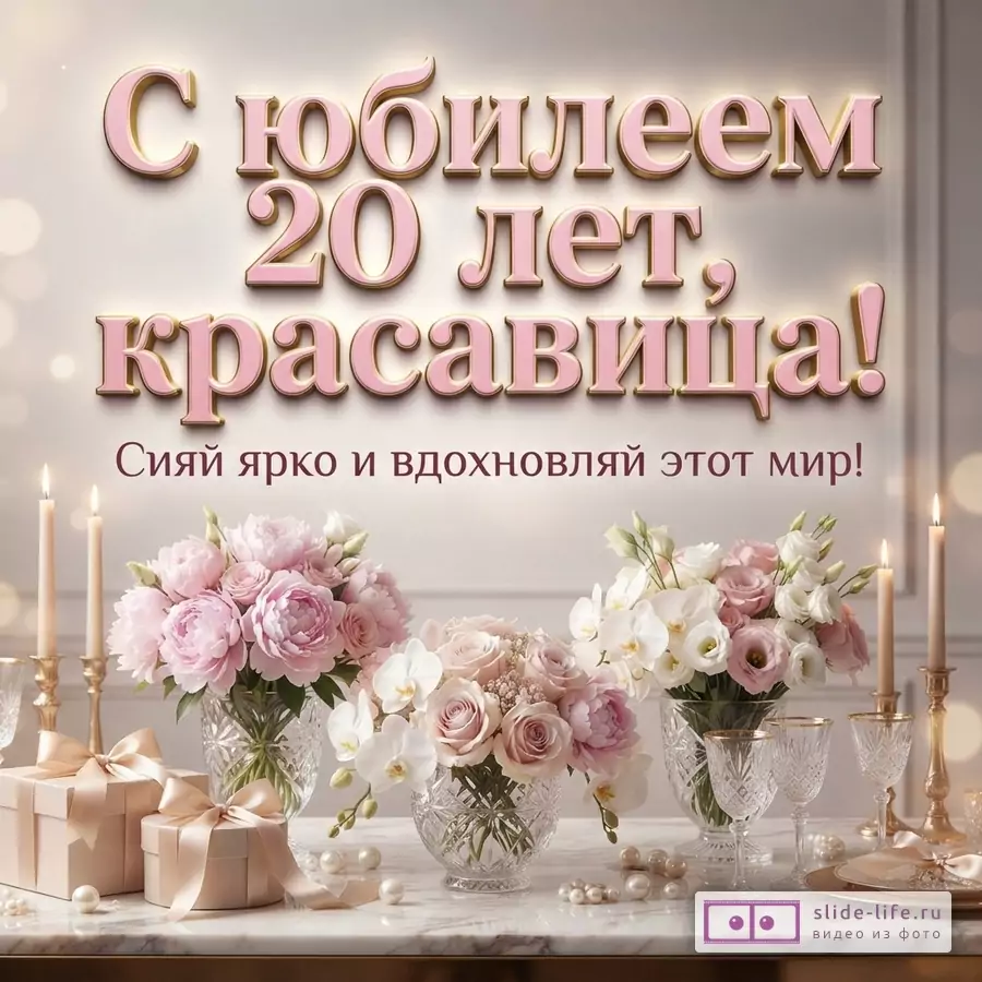 Хрустальные вазы с розовыми пионами и розами, зажженные свечи, подарочные коробки на светлом столе и надпись «С юбилеем 20 лет, красавица! Сияй ярко и вдохновляй этот мир!»