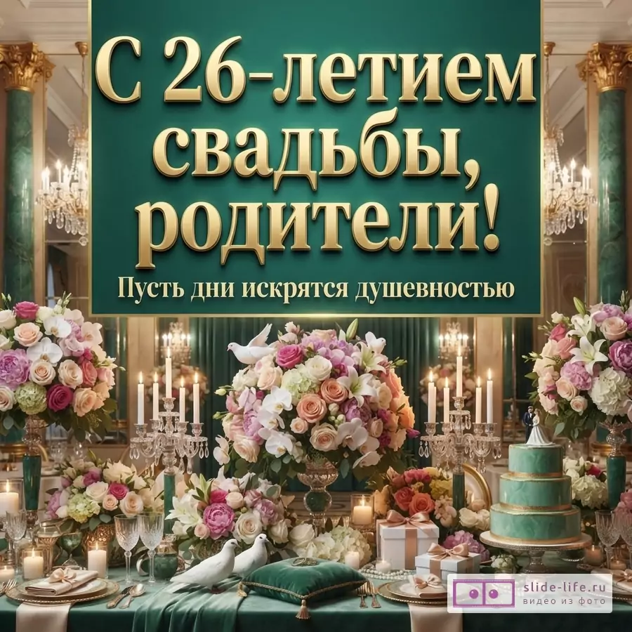 Зеленый фон, золотой текст «С 26-летием свадьбы, родители! Пусть дни искрятся душевностью», цветы, свечи, бокалы, торт, птицы, сервированный стол