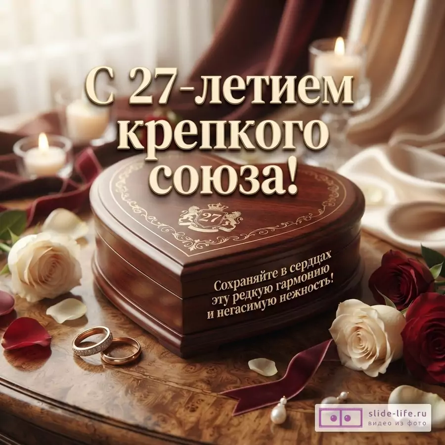 Коричневая шкатулка в форме сердца на деревянном столе, вокруг розы, лепестки, свечи и кольца. Текст «С 27-летием крепкого союза!» и «Сохраняйте в сердцах эту редкую гармонию и негасимую нежность!»