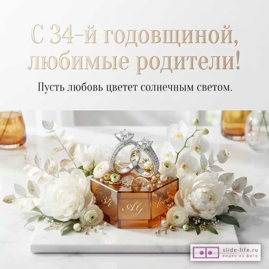 Белый фон, текст золотого цвета «С 34-й годовщиной, любимые родители! Пусть любовь цветет солнечным светом.», янтарная шкатулка с кольцами, белые цветы.