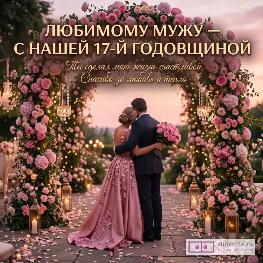Розово-золотой садовый декор с цветочной аркой, свечами и парой. Фон розовый закат. Текст: «Любимому мужу — с нашей 17-й годовщиной», «Ты сделал мою жизнь счастливой. Спасибо за любовь и тепло».