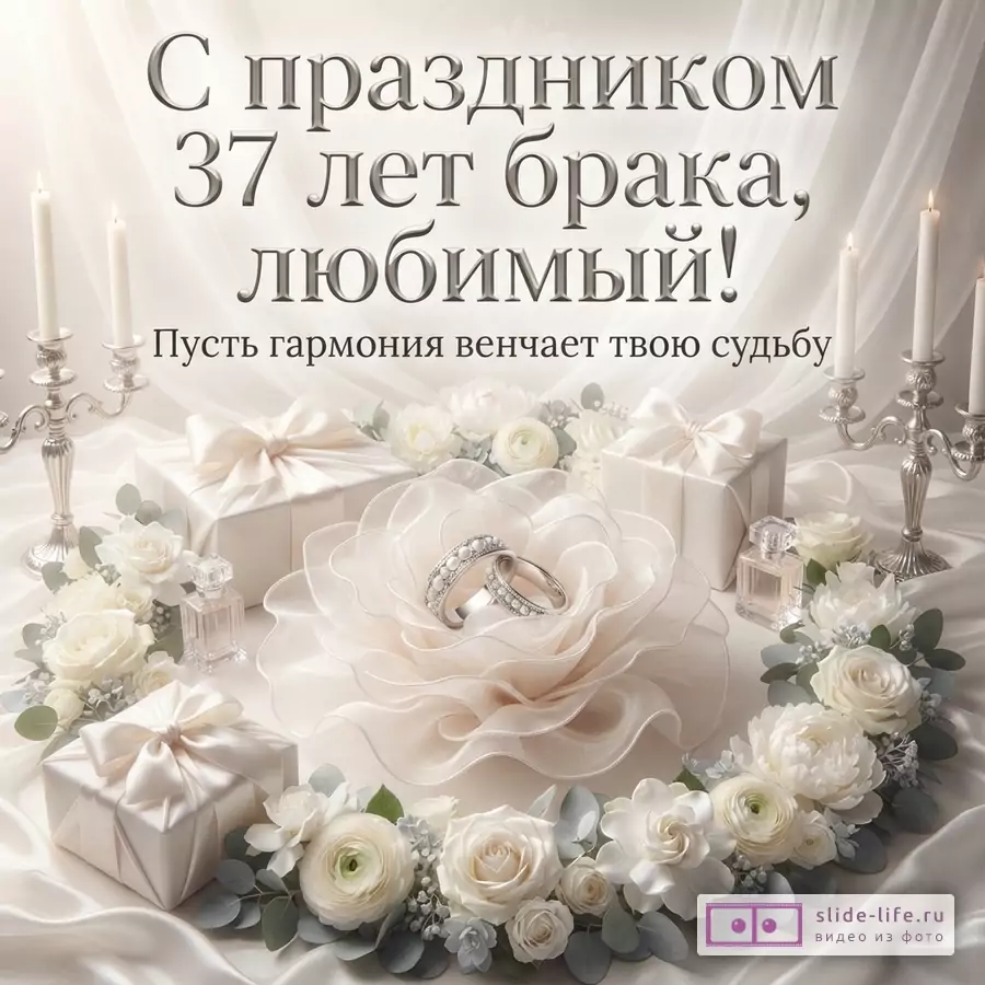 Бежевый фон, свечи в подсвечниках, белые подарки, белые цветы, два обручальных кольца. Текст: «С праздником 37 лет брака, любимый! Пусть гармония венчает твою судьбу»