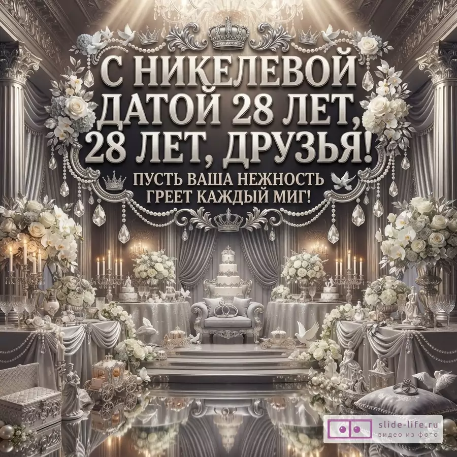 Открытка с никелевой свадьбой, фон в серых тонах, колонны, цветы, свечи, текст «С НИКЕЛЕВОЙ ДАТОЙ 28 ЛЕТ, 28 ЛЕТ, ДРУЗЬЯ! ПУСТЬ ВАША НЕЖНОСТЬ ГРЕЕТ КАЖДЫЙ МИГ!»