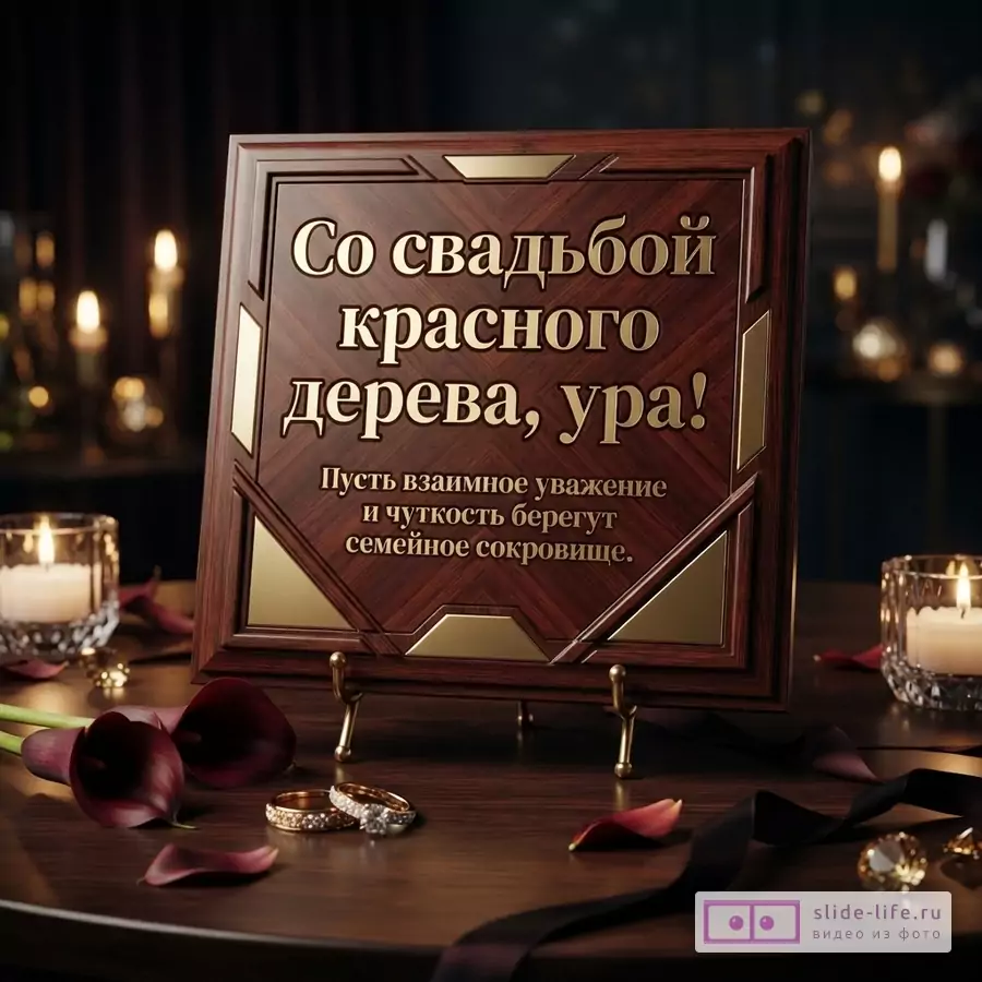 Памятная доска из красного дерева с золотыми вставками на темном фоне. Текст: «Со свадьбой красного дерева, ура! Пусть взаимное уважение и чуткость берегут семейное сокровище.»