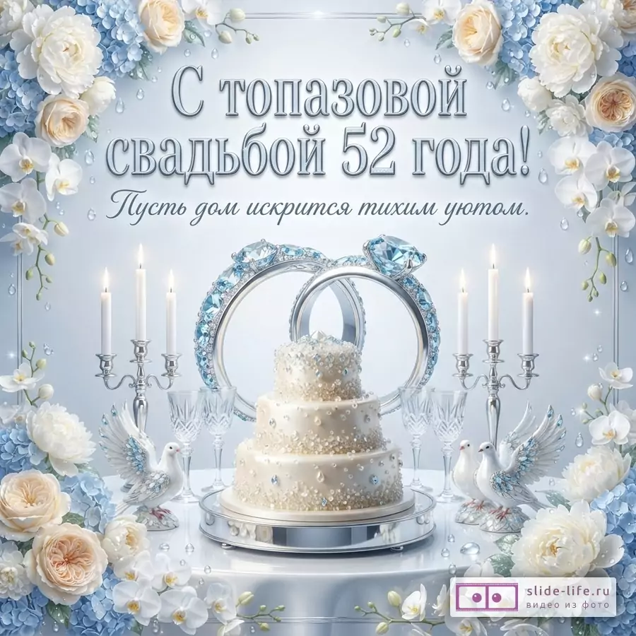Открытка с голубым фоном, белыми и голубыми цветами по краям, обручальными кольцами с голубыми камнями, свадебным тортом, свечами и двумя белыми голубями. Текст: «С топазовой свадьбой 52 года! Пусть дом искрится тихим уютом.»