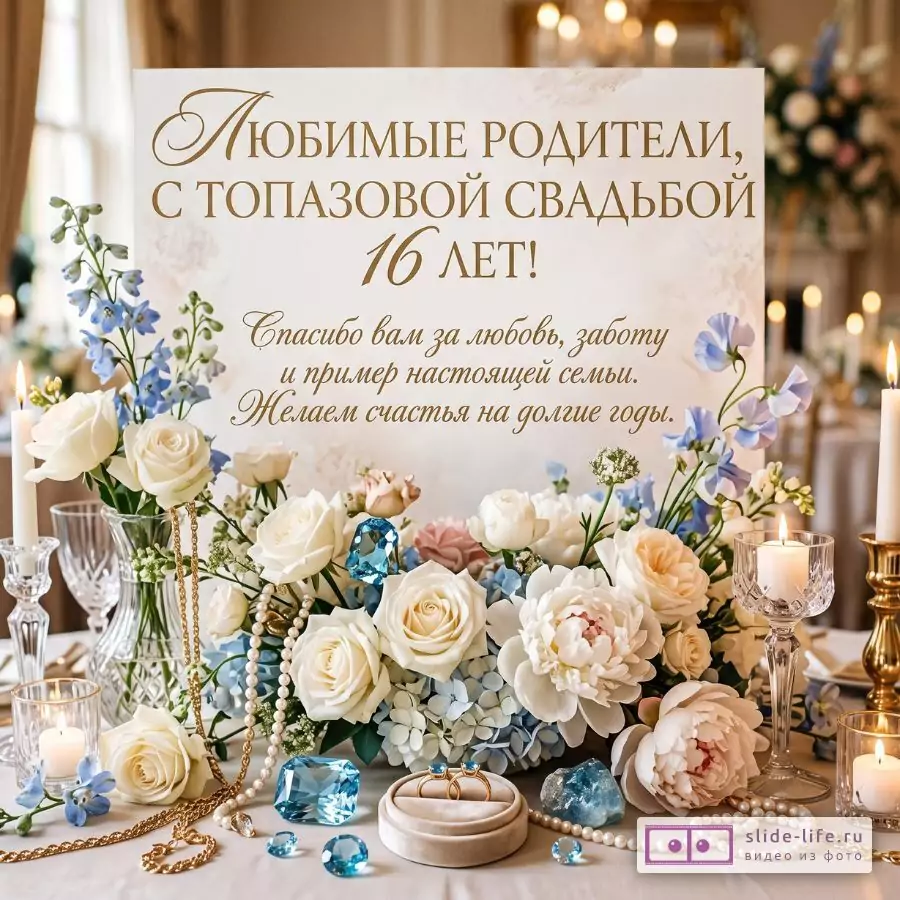 Бежево-золотистый фон, белые розы, голубые цветы, свечи, синие камни, кольца. «Любимые родители, с топазовой свадьбой 16 лет! Спасибо вам за любовь, заботу и пример настоящей семьи. Желаем счастья на долгие годы.»