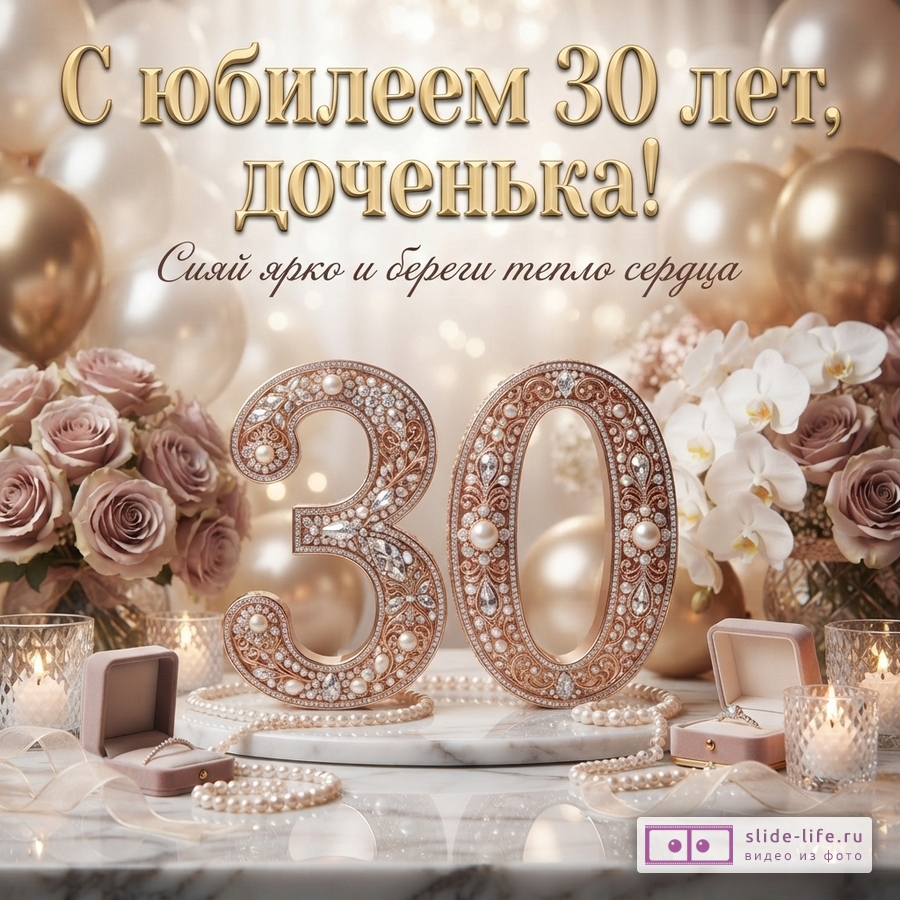 Бежевый фон с золотыми шарами, розами, белыми орхидеями, декоративными цифрами 30 и свечами. Текст: «С юбилеем 30 лет, доченька! Сияй ярко и береги тепло сердца.»