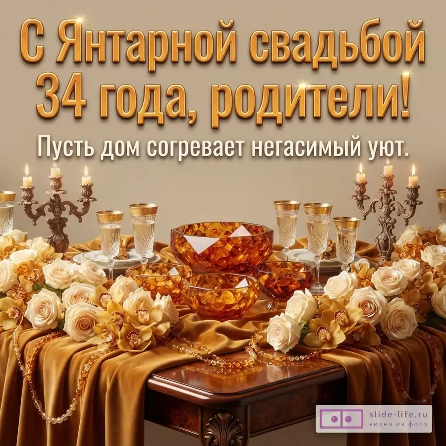 Стол с золотистой скатертью, янтарной посудой, белыми розами, орхидеями, свечами и бокалами на бежевом фоне. Текст: «С Янтарной свадьбой 34 года, родители! Пусть дом согревает негасимый уют.»