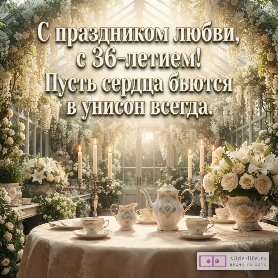 Открытка с бежевым фоном, изображающая оранжерею с белыми цветами и сервированным столом. На столе чайный сервиз, свечи и букет цветов. Текст: «С праздником любви, с 36-летием! Пусть сердца бьются в унисон всегда.»