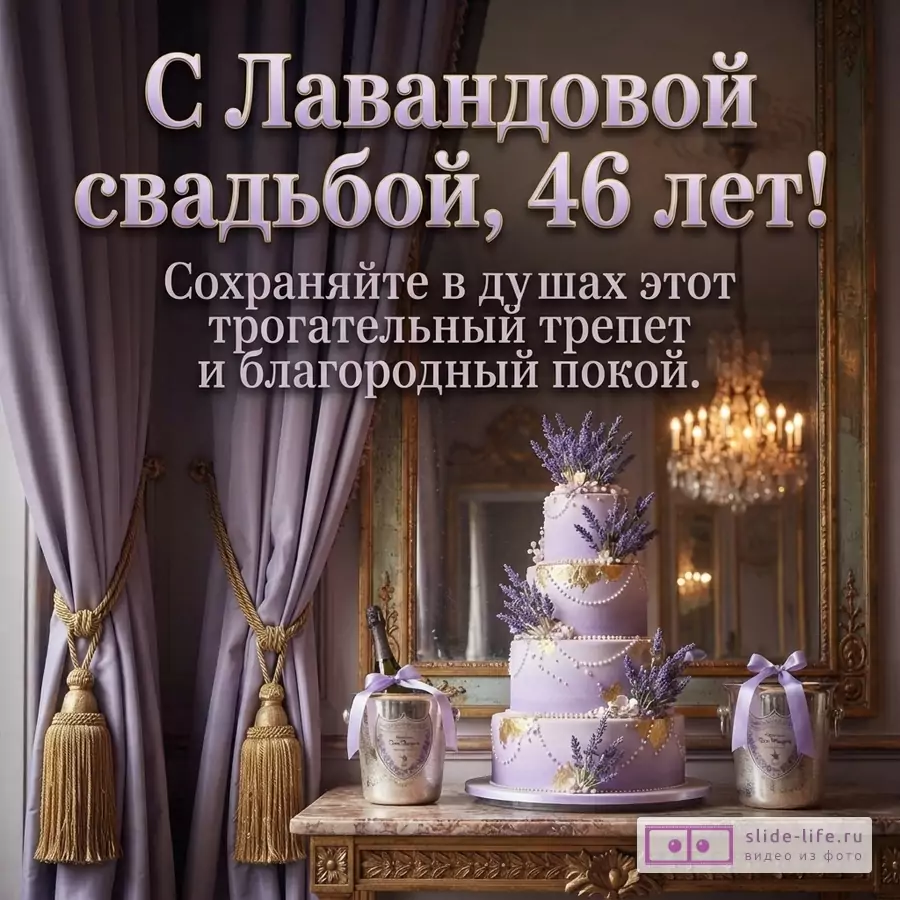 Фиолетовые шторы, зеркало, люстра, лавандовый торт, шампанское. Текст: «С Лавандовой свадьбой, 46 лет! Сохраняйте в душах этот трогательный трепет и благородный покой.»