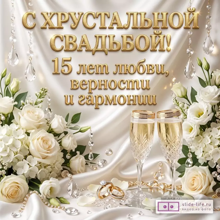 Бесплатная открытка с хрустальной свадьбой 15 лет — скачать поздравление