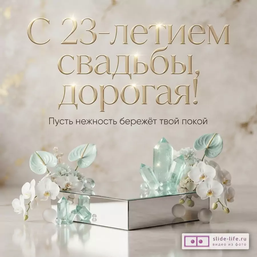 Светлый мраморный фон с кристаллами берилла, орхидеями и зеркальным подиумом, надпись: «С 23-летием свадьбы, дорогая! Пусть нежность бережёт твой покой.»