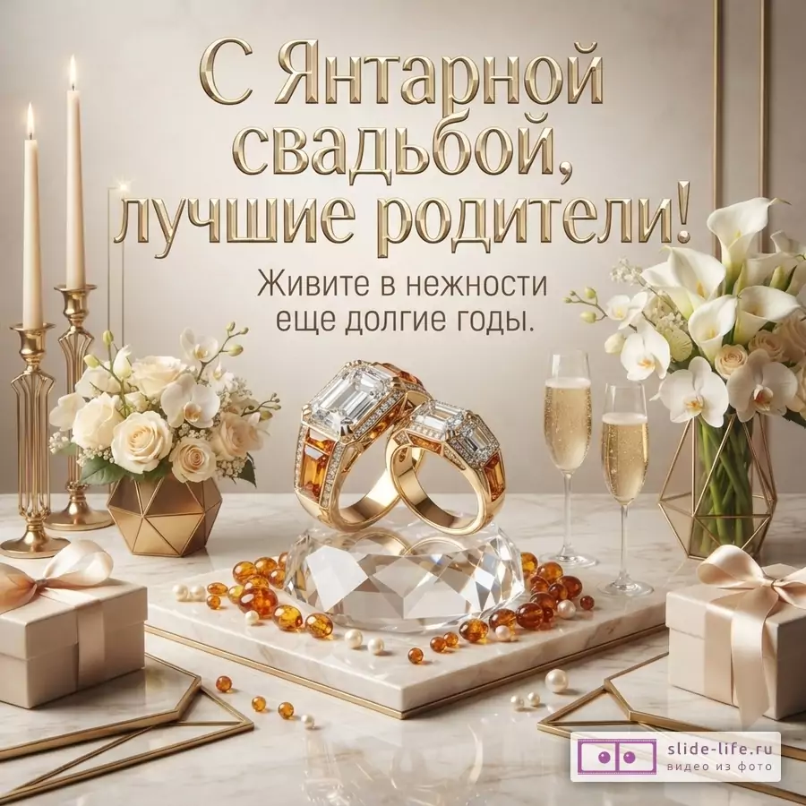Бежевый фон, золотые свечи, белые цветы, два бокала шампанского, две подарочные коробки, два золотых кольца с янтарем и бриллиантами, янтарные бусины, жемчуг. Текст: «С Янтарной свадьбой, лучшие родители! Живите в нежности еще долгие годы.»