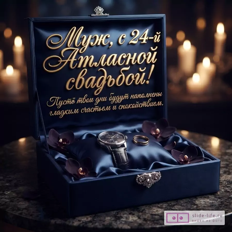 Синяя бархатная шкатулка с наручными часами и золотым кольцом, на крышке надпись «Муж, с 24-й Атласной свадьбой! Пусть твои дни будут наполнены гладким счастьем и спокойствием»