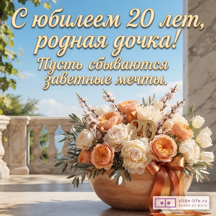Пышный букет пионов и роз с цифрой 20 в вазе на фоне террасы с текстом «С юбилеем 20 лет, родная дочка! Пусть сбываются заветные мечты.»