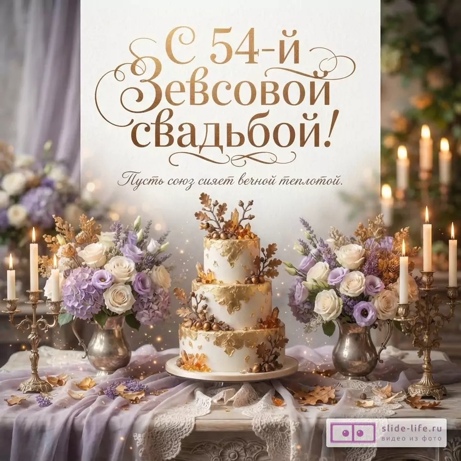 Бежевый фон, золотой текст, свечи, цветы, торт. Надпись «С 54-й Зевсовой свадьбой! Пусть союз сияет вечной теплотой.»