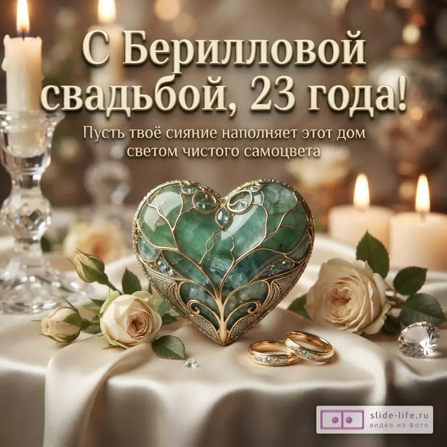 Зеленое сердце из берилла в золотой филиграни, обручальные кольца, розы и свечи с текстом «С Берилловой свадьбой, 23 года! Пусть твоё сияние наполняет этот дом светом чистого самоцвета».