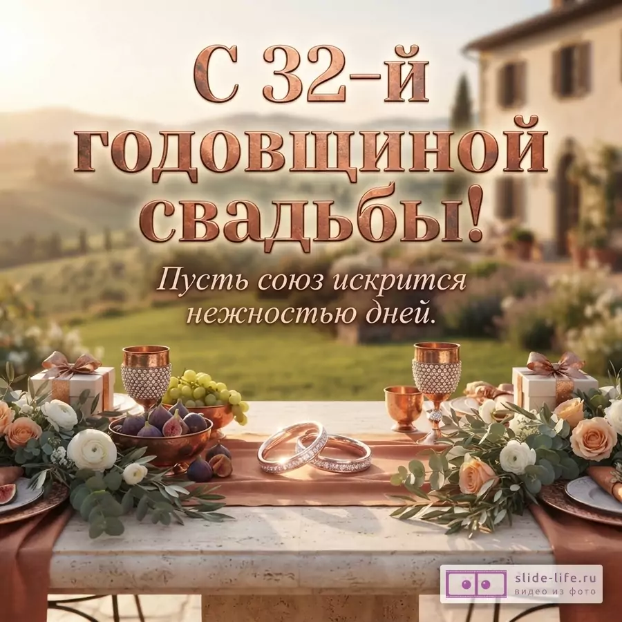 Стол с едой, цветами и обручальными кольцами на фоне пейзажа. Текст: «С 32-й ГОДОВЩИНОЙ СВАДЬБЫ! Пусть союз искрится нежностью дней.»