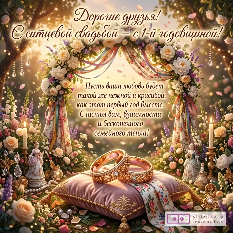 Бежево-золотистый фон с огнями, цветочная арка, свечи, декоративные фигуры, две обручальные кольца на розовой подушке. Текст: «Дорогие друзья! С ситцевой свадьбой — с 1-й годовщиной!»