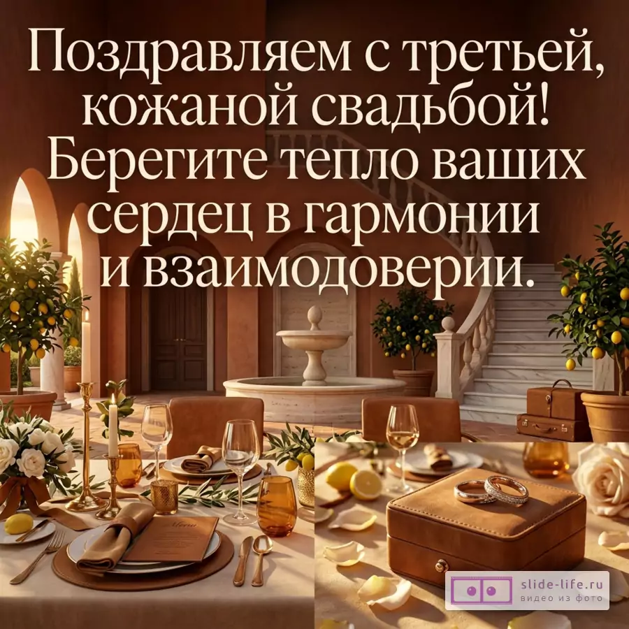 «Поздравляем с третьей, кожаной свадьбой! Берегите тепло ваших сердец в гармонии и взаимодоверии.» Коричневый интерьер, стол с посудой, кожаная шкатулка с кольцами, лимонные деревья, свечи.