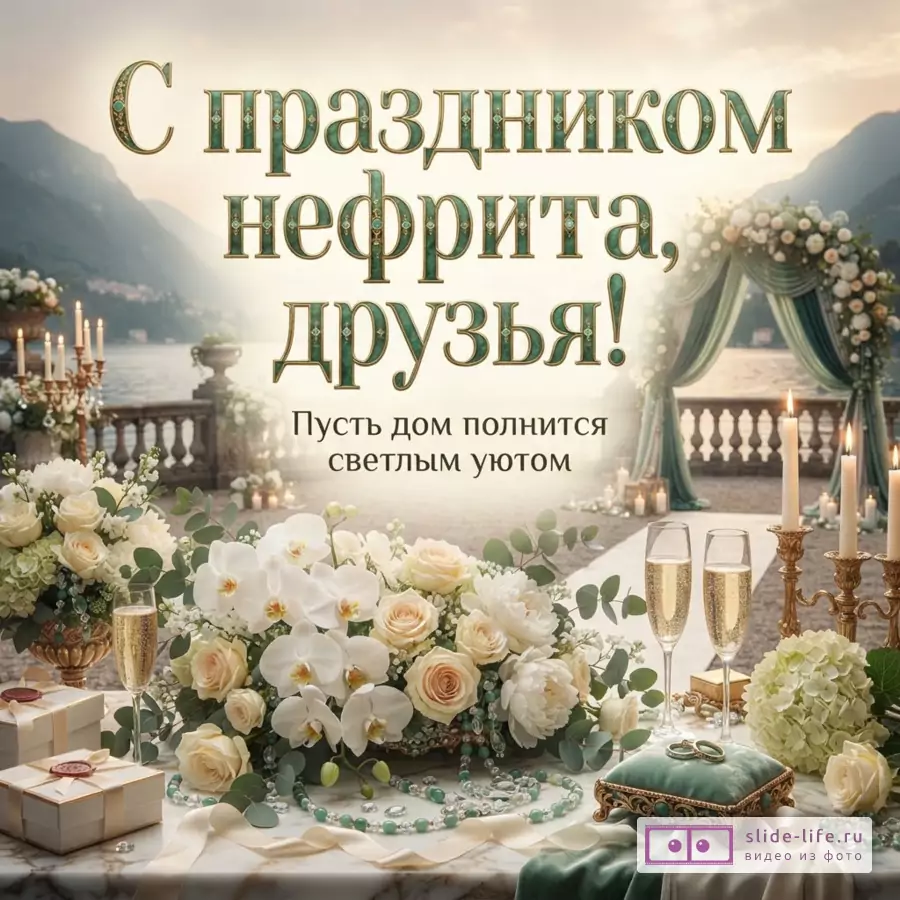 Фон в светлых бежево-зеленых тонах, текст «С праздником нефрита, друзья! Пусть дом полнится светлым уютом», цветы, свечи, бокалы, свадебная арка у воды и гор.