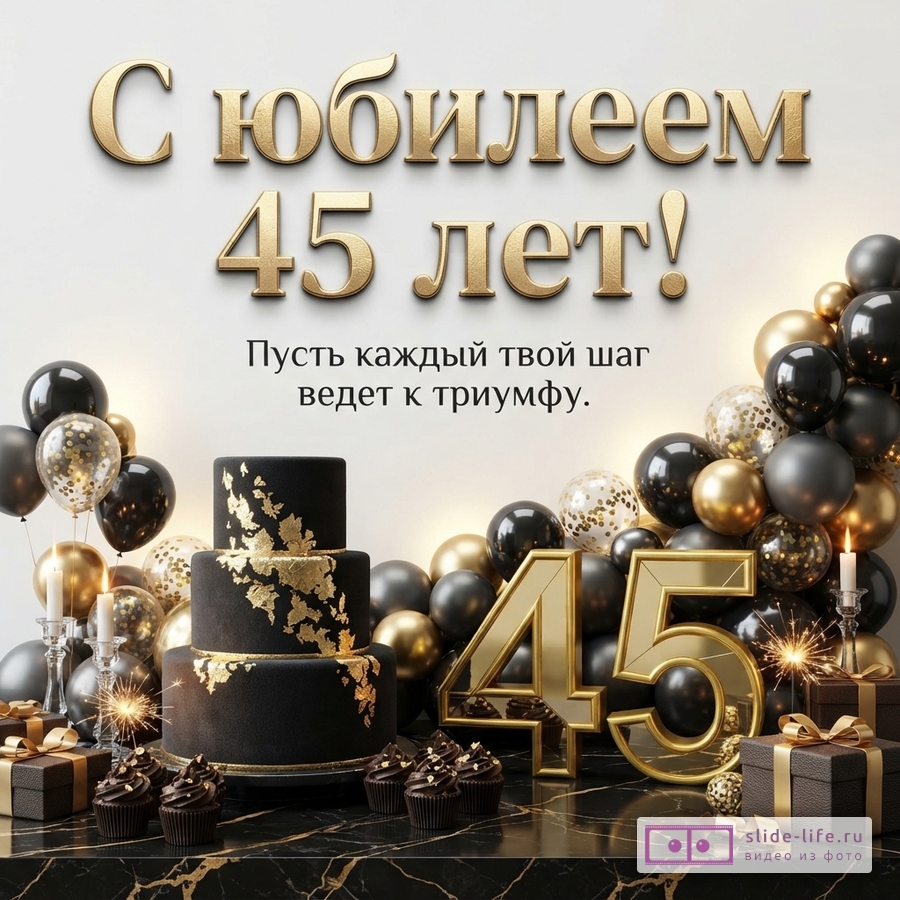 Белый фон, золотые и черные шары, черный торт с золотыми элементами, кексы, подарки, свечи, цифры «45». Текст: «С юбилеем 45 лет! Пусть каждый твой шаг ведет к триумфу.»