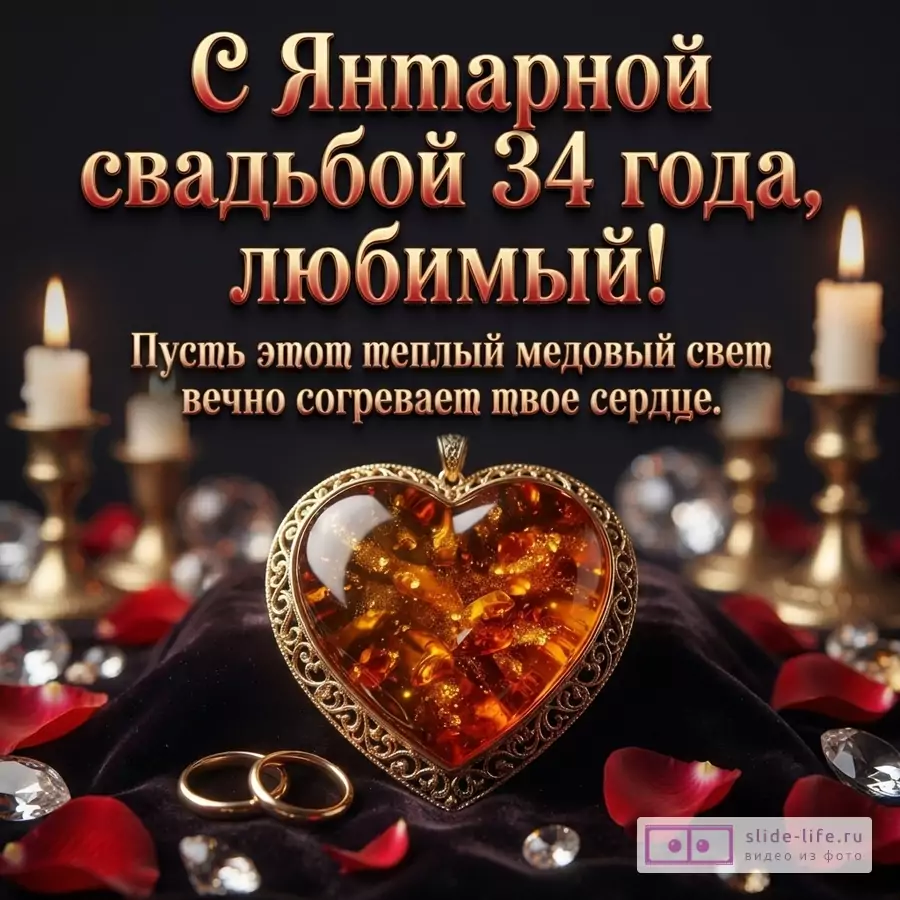 Черный фон, золотые буквы, янтарное сердце в золотой оправе, два золотых кольца, красные лепестки роз, свечи, кристаллы. Текст: «С Янтарной свадьбой 34 года, любимый! Пусть этот теплый медовый свет вечно согревает твое сердце.»