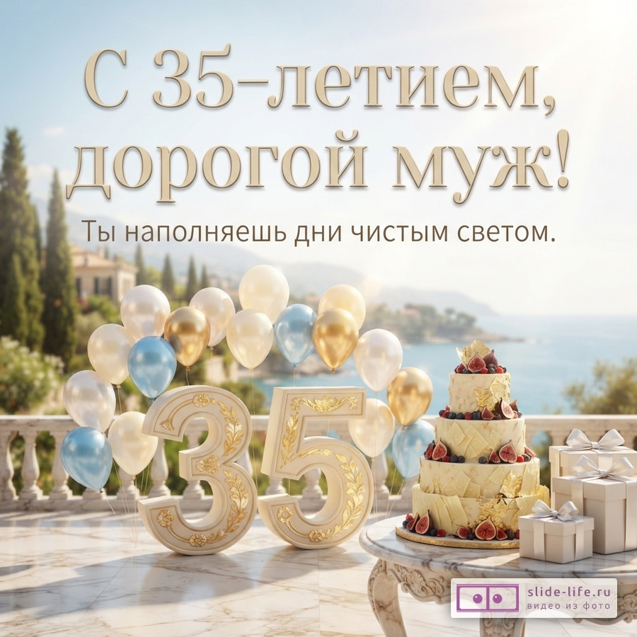 Терраса с видом на море, цифра 35, торт с инжиром, шары, подарки и текст «С 35-летием, дорогой муж! Ты наполняешь дни чистым светом.»