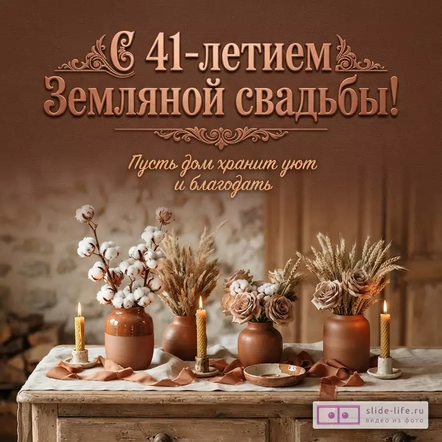 Коричневый фон, на переднем плане деревянный стол с вазами, цветами, свечами. Текст сверху: «С 41-летием Земляной свадьбы! Пусть дом хранит уют и благодать»