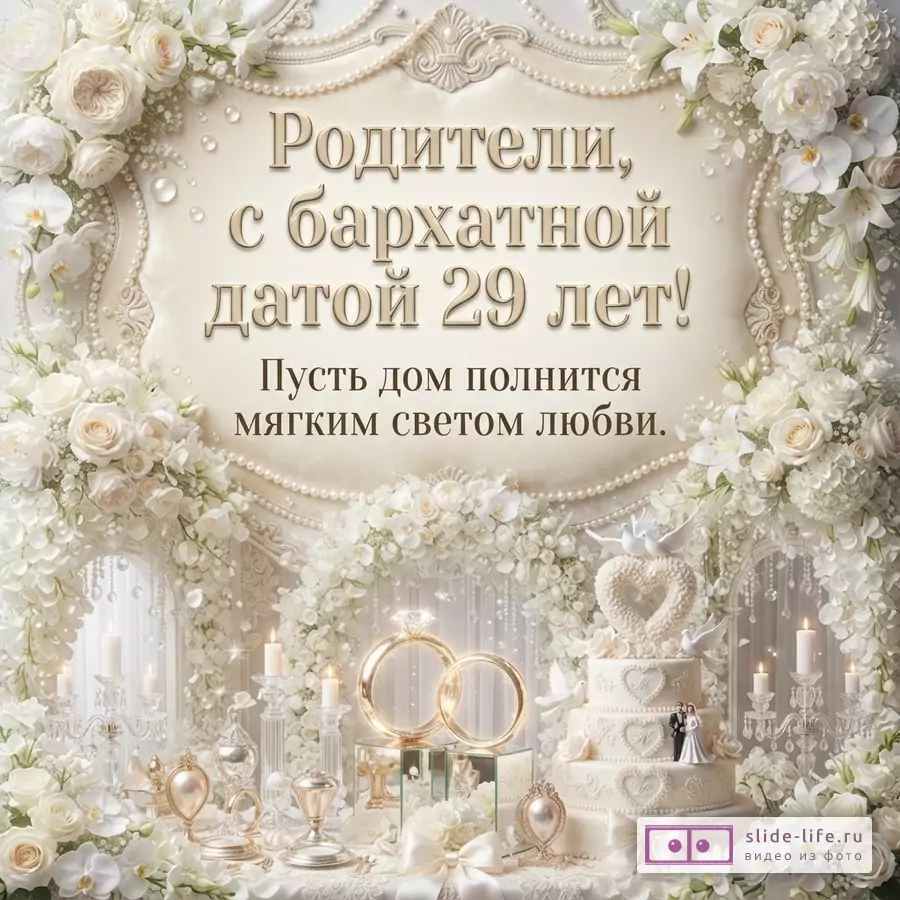Бежево-белая открытка с цветами, жемчужным декором и свадебным тортом. Текст «Родители, с бархатной датой 29 лет! Пусть дом полнится мягким светом любви.»