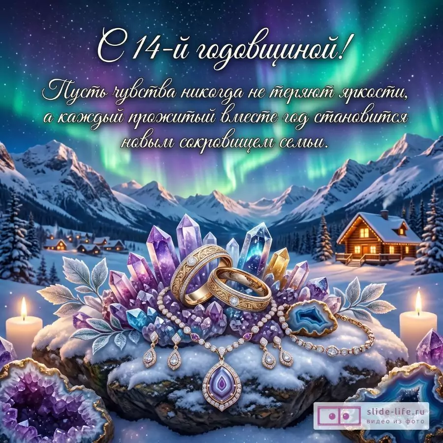 Агатовая свадьба 14 лет — открытка с теплыми пожеланиями счастьz