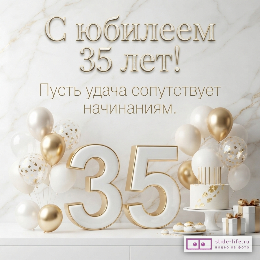 Объемная цифра 35, торт, подарки и бело-золотые шары на светлом мраморном фоне с надписью «С юбилеем 35 лет! Пусть удача сопутствует начинаниям.»