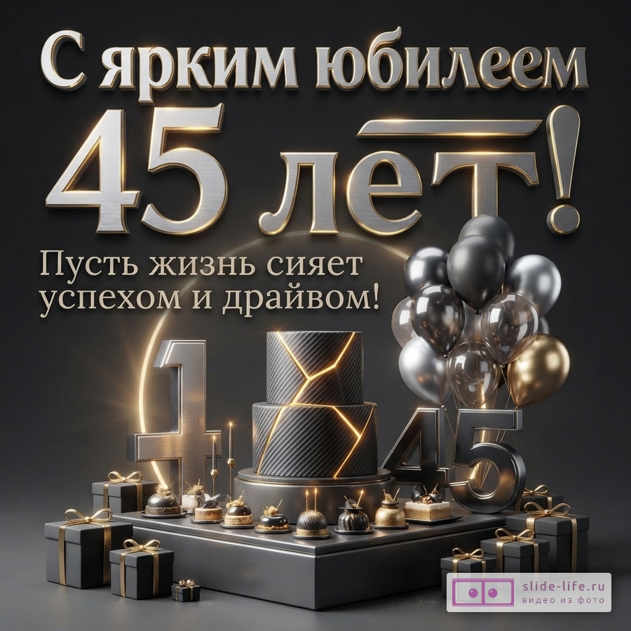 Открытка на черном фоне с золотыми и серебряными элементами. В центре надпись «С ярким юбилеем 45 лет! Пусть жизнь сияет успехом и драйвом!». Внизу торт, подарки, шары.