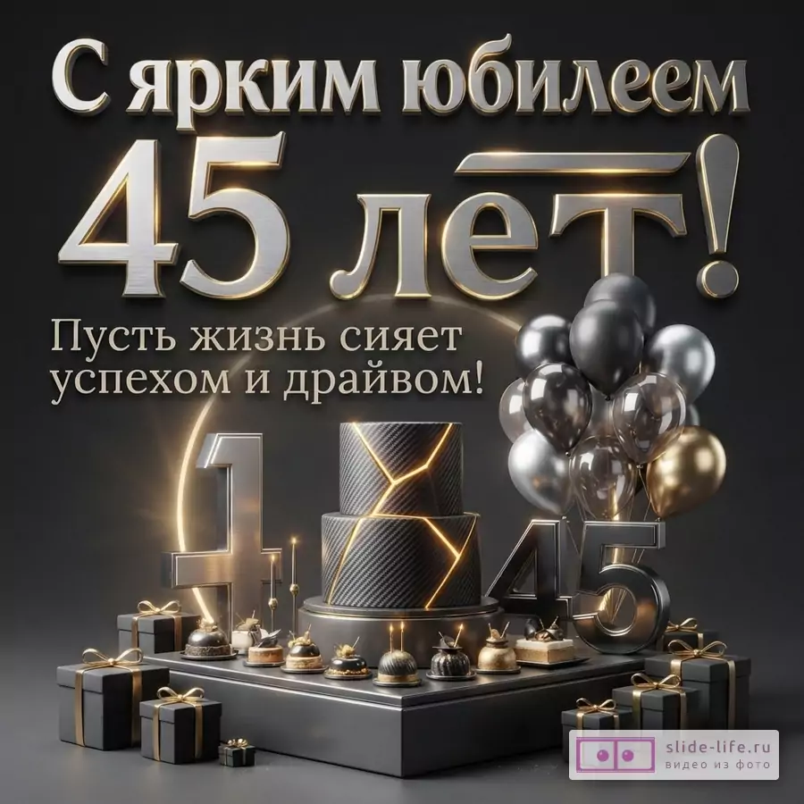 Открытка на черном фоне с золотыми и серебряными элементами. В центре надпись «С ярким юбилеем 45 лет! Пусть жизнь сияет успехом и драйвом!». Внизу торт, подарки, шары.
