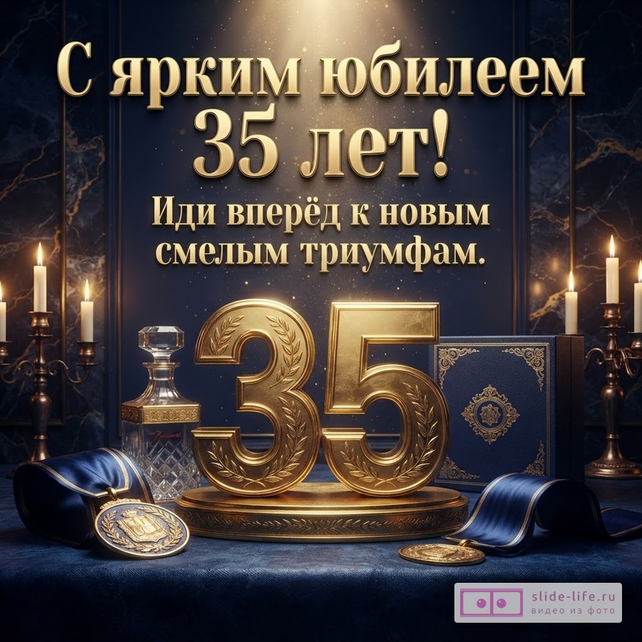 Золотые объемные цифры 35, графин, медаль и свечи на темно-синем фоне с надписью «С ярким юбилеем 35 лет! Иди вперёд к новым смелым триумфам.»