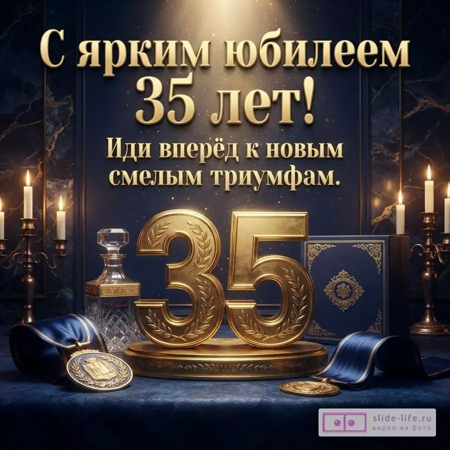 Золотые объемные цифры 35, графин, медаль и свечи на темно-синем фоне с надписью «С ярким юбилеем 35 лет! Иди вперёд к новым смелым триумфам.»