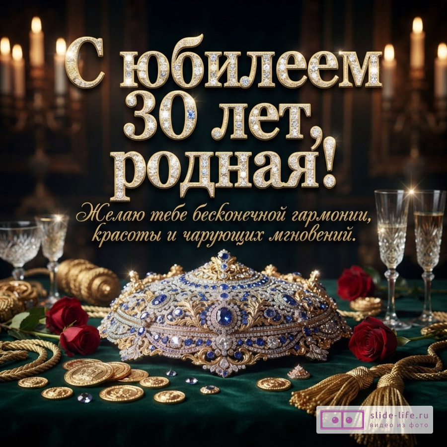 Корона с синими камнями, бокалы, золотые монеты и розы на темном фоне с надписью «С юбилеем 30 лет, родная дочка! Желаю тебе бесконечной гармонии, красоты и чарующих мгновений.»