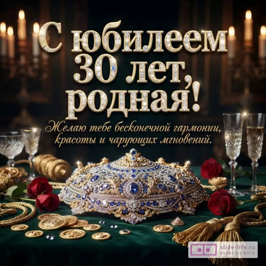 Корона с синими камнями, бокалы, золотые монеты и розы на темном фоне с надписью «С юбилеем 30 лет, родная дочка! Желаю тебе бесконечной гармонии, красоты и чарующих мгновений.»