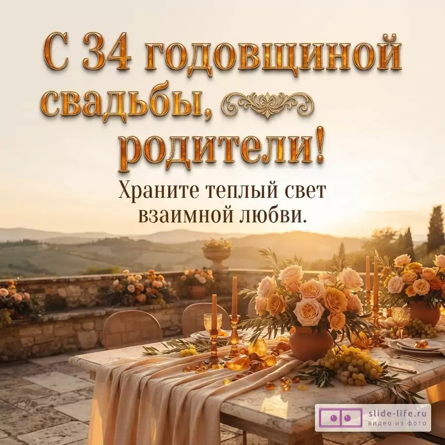 Открытка с янтарной свадьбой. Фон — закат над холмами, на переднем плане сервированный стол с цветами и янтарными камнями. Текст: «С 34 годовщиной свадьбы, родители! Храните теплый свет взаимной любви.»