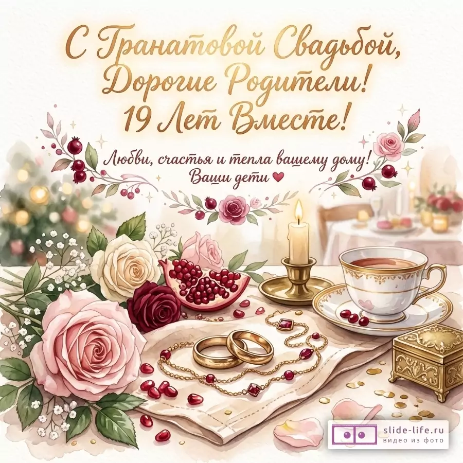 Светлый бежево-кремовый фон, цветы, гранат, свеча, чашка чая, обручальные кольца и украшения. Текст: «С Гранатовой Свадьбой, Дорогие Родители! 19 Лет Вместе! Любви, счастья и тепла вашему дому! Ваши дети»