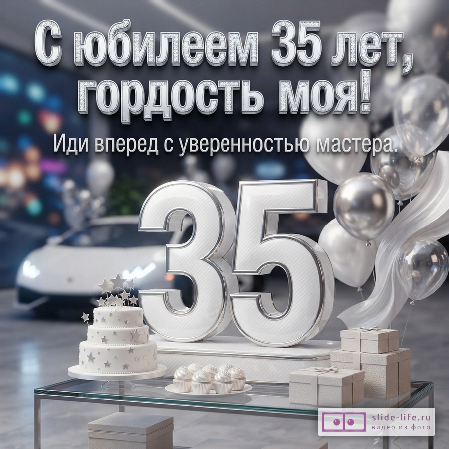 Объемная серебристая цифра 35 на фоне белого спорткара, шаров, торта и надписи «С юбилеем 35 лет, гордость моя! Иди вперед с уверенностью мастера.»