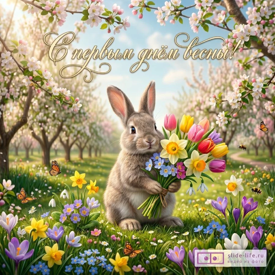 Открытка с первым днем весны — яркие пожелания и весенние цветы