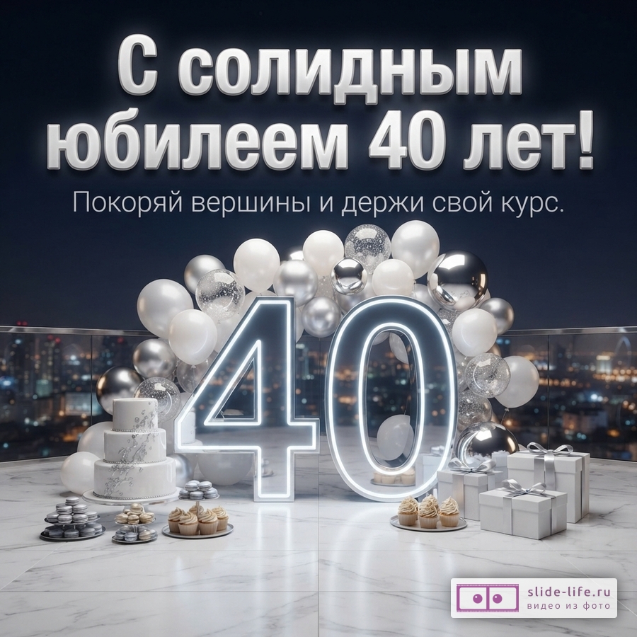 Открытка с юбилеем 40 лет. На тёмно-синем фоне белые буквы «С солидным юбилеем 40 лет! Покоряй вершины и держи свой курс.». Внизу композиция из белых и серебристых шаров, светящихся цифр 40, торта, капкейков и подарков.