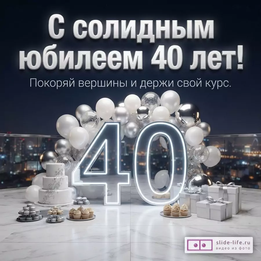 Открытка с юбилеем 40 лет. На тёмно-синем фоне белые буквы «С солидным юбилеем 40 лет! Покоряй вершины и держи свой курс.». Внизу композиция из белых и серебристых шаров, светящихся цифр 40, торта, капкейков и подарков.