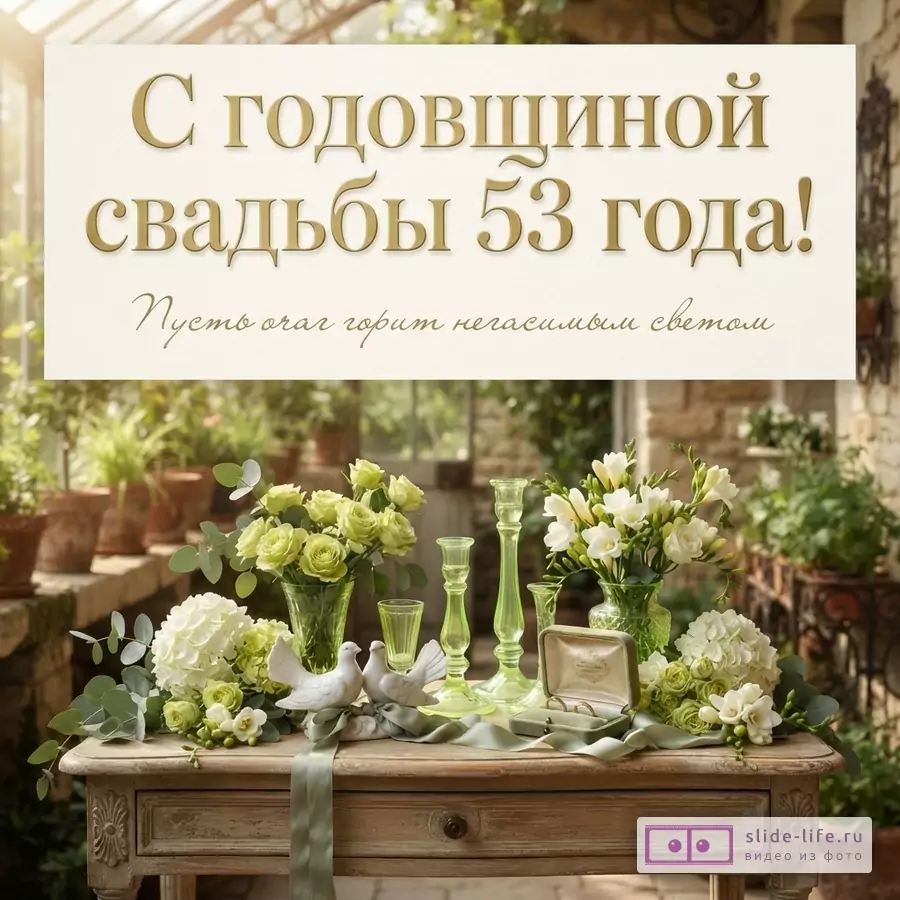 Бежевая открытка с золотым текстом на фоне оранжереи. На переднем плане деревянный стол с цветами, свечами и обручальными кольцами. Текст: «С годовщиной свадьбы 53 года! Пусть очаг горит негасимым светом.»