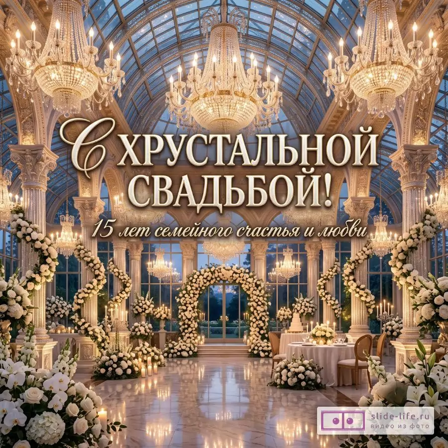 Современная открытка хрустальная свадьба 15 лет — стильное поздравление
