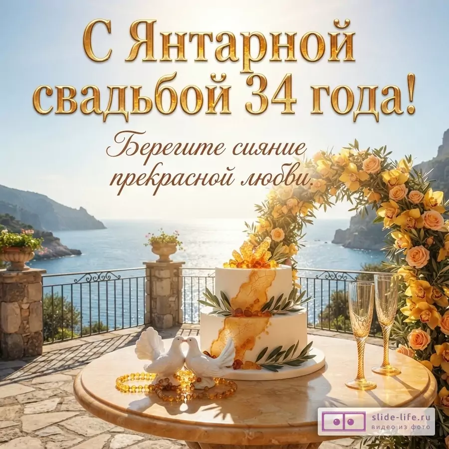 Открытка с видом на море, на переднем плане стол с двухъярусным тортом, двумя бокалами, двумя белыми голубями и янтарными бусами. Надпись «С Янтарной свадьбой 34 года! Берегите сияние прекрасной любви.»