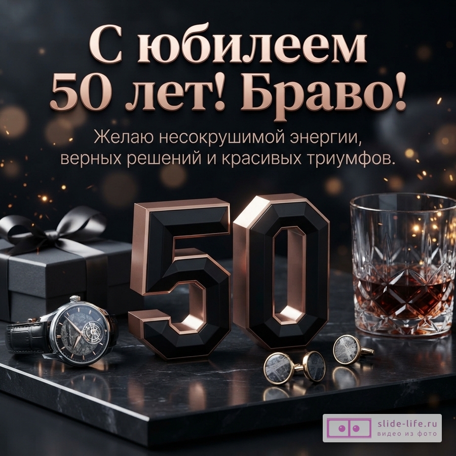 Черный фон с золотистыми искрами. В центре объемные цифры «50» черного цвета с медными гранями. Слева черная подарочная коробка с бантом и наручные часы. Справа стакан с виски и запонки. Текст: «С юбилеем 50 лет! Браво! Желаю несокрушимой энергии, верных решений и красивых триумфов.»