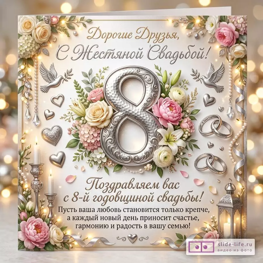 Жестяная свадьба 8 лет — красивая открытка с поздравлением друзьям